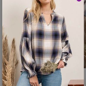 NEW IN PACKAGE- Blu Pepper Navy & Cream Plaid Notch Neck Top